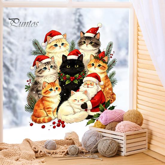 Winter Holiday Window Art Cat Christmas Static Cling Decal, Waterproof PVC Festive Sticker, Xmas Decor Easy Apply Decorative for Home Living
