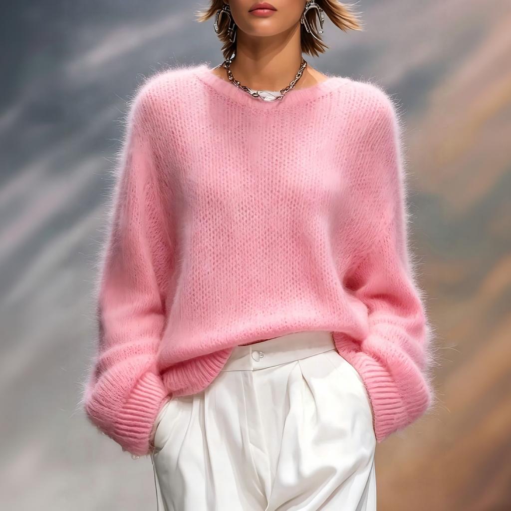 Women's Color Round Neck Loose Fit Pullover Sweater for Fall