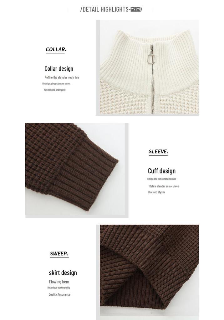 Women's Color Block Striped Lapel Sweater - Cozy Half-Zip Knit, Thick & Loose for Autumn/Winter.