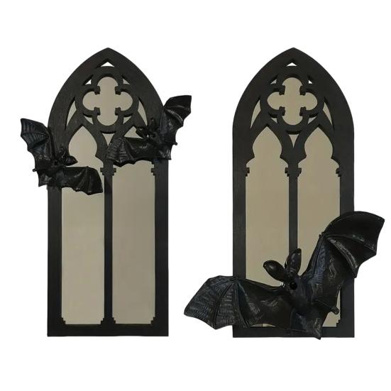 Gothic Cathedral Window Mirror Vintage Baroque Wooden Black Bat Mirror