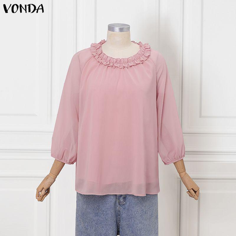 VONDA Women's Tops Casual Ruffle Neck Long Sleeve Pleated Layers Blouse