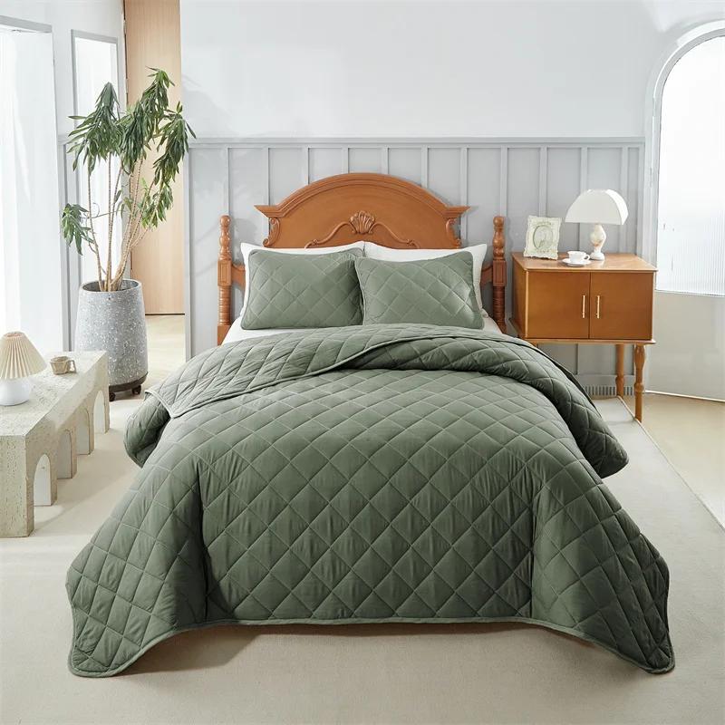 Solid color plaid quilted double-sided abraded washable bed cover oblique square bed cover can be used in all seasons