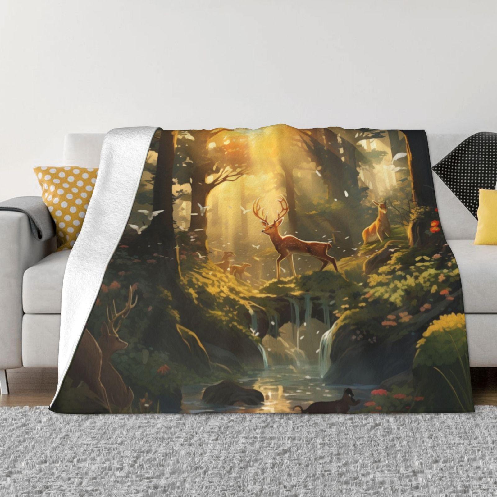Зачарованный Лес В Золотой Час Мягкое Теплое Одеяло Диван/Кровать/Путешествие Любовные Подарки Зачарованный Лес Золотой Солнечный Свет Безмятежный Олень 30x40in