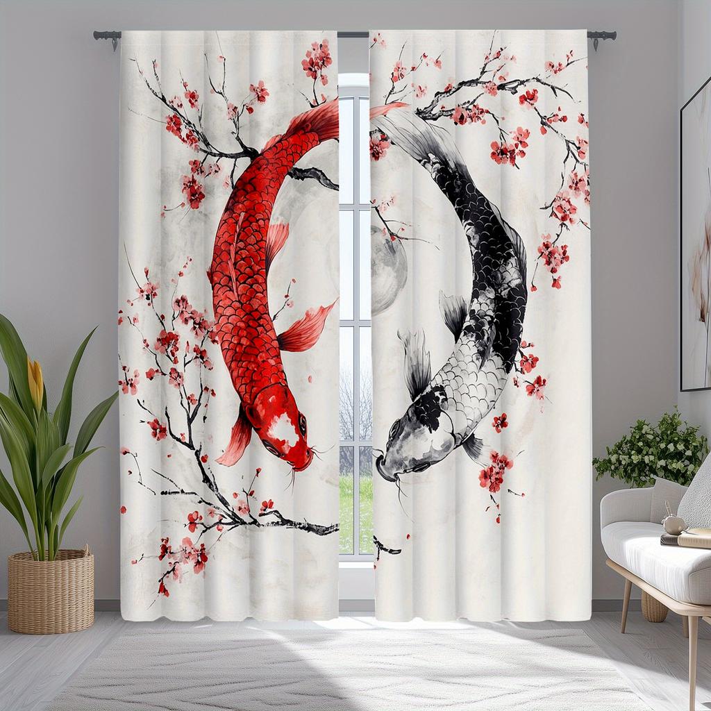 Ukiyoe Koi Carp Pattern Curtains Polyester Fabric Suitable Bedroom Living Room Decoration Made Of Machine Washable Area Window Treatment