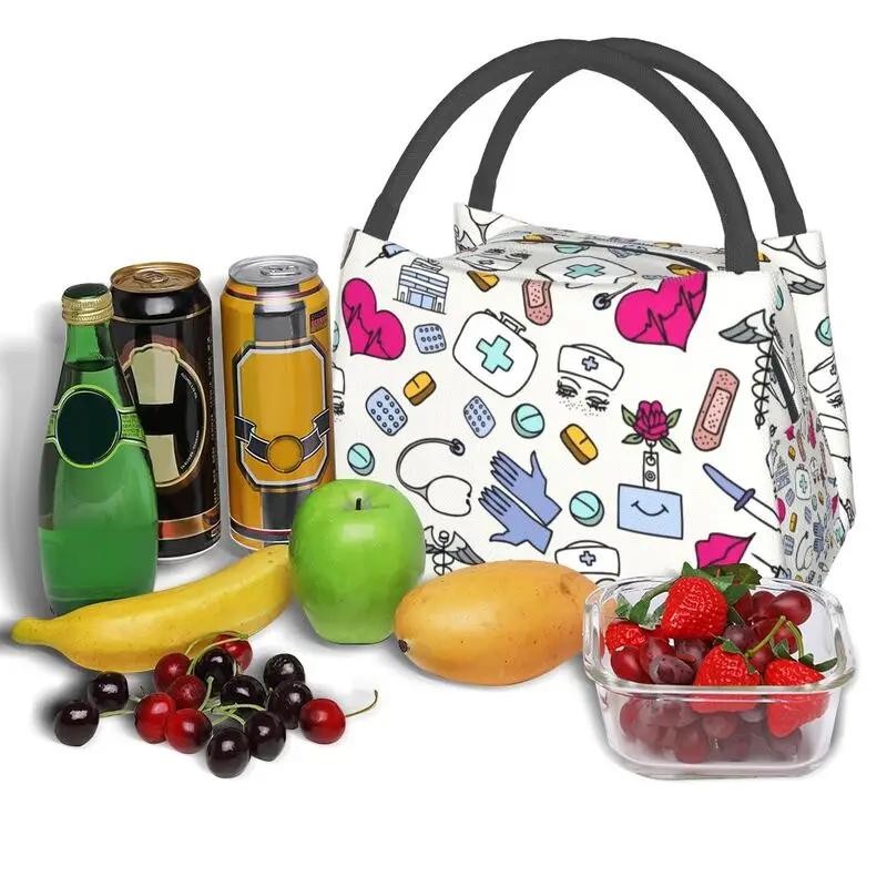 Nurse Nursing Tool Pattern Insulated Lunch Bag for Work Office Resuable Thermal Cooler Bento Box Women