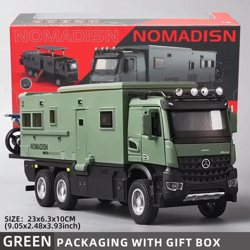 2026 New 1:24 Benz Camper RV Motorhome Toy Model Car, Diecast Pull Back Truck Toy Car Model with Sound and Light for Kids Boys Girls Motorcycle
