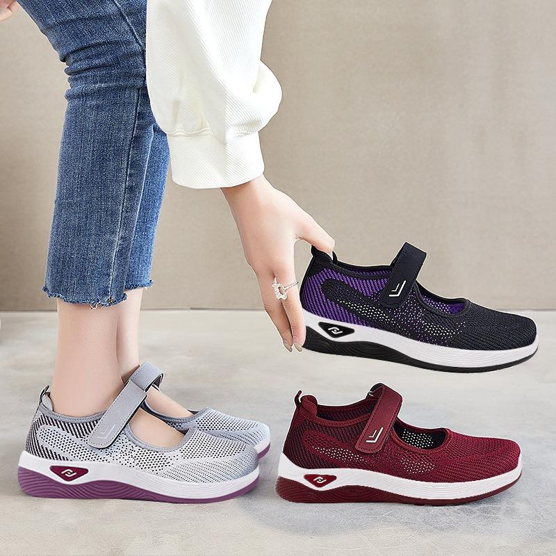 Shoes female middle-aged and old mother shoes shallow mouth breathable flat shoes flying woven casual shoes Velcro walking shoes elderly shoes
