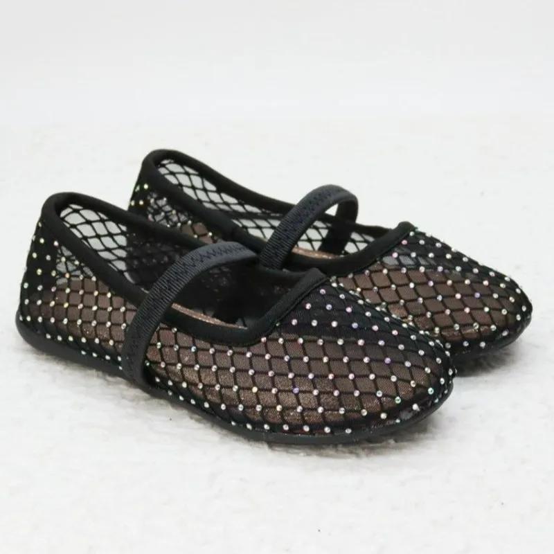 Luxury Lace Mesh Ballet Flat Kid Girls Elegant Design Rhinestones Covered Fishnet Ballerina Shoes Children Dress