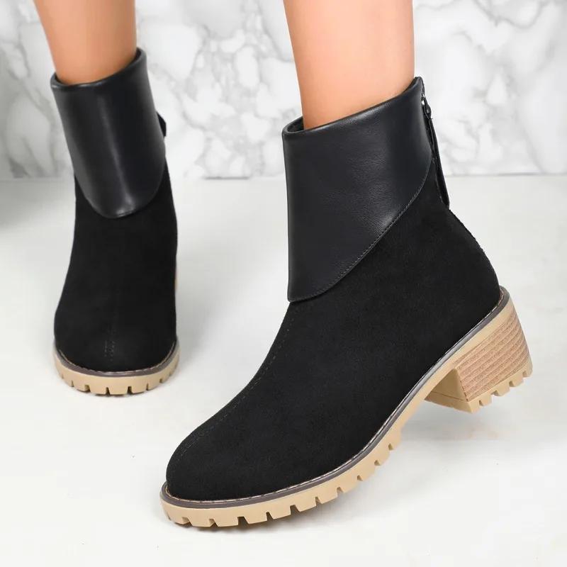 Fashion Female Shoes on Sale 2024 High Quality Zipper Women's Boots Winter Round Toe Suede Solid Short Barrel Chunky Heels Fashion Boots