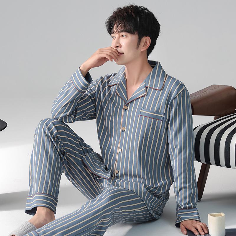Casual Men Pijama Cotton Nightwear Autumn Spring Homesuit Gentleman Turn-down Collar Sleepwear Boy Pajamas Pyjama Homme Coton