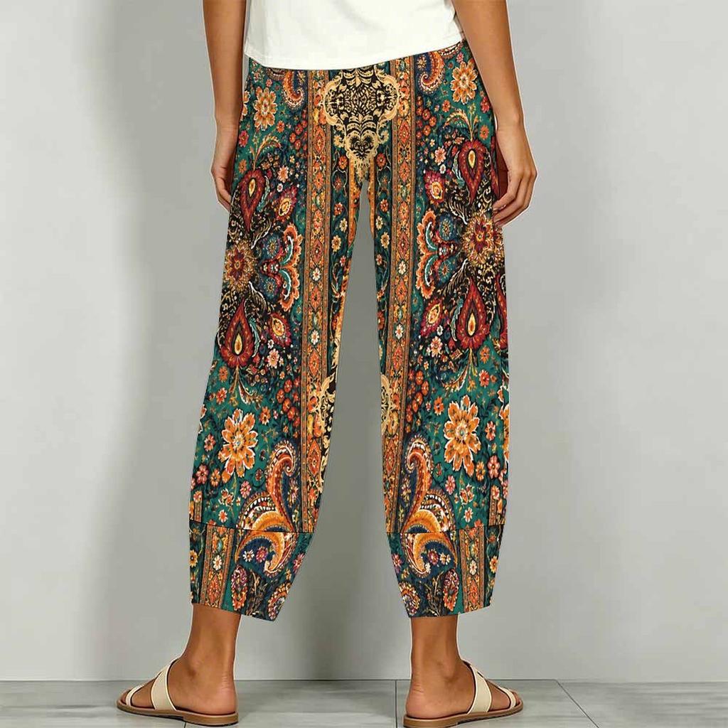 Women Plus Size Floral Printed Loose Cross Hem Cropped Pants