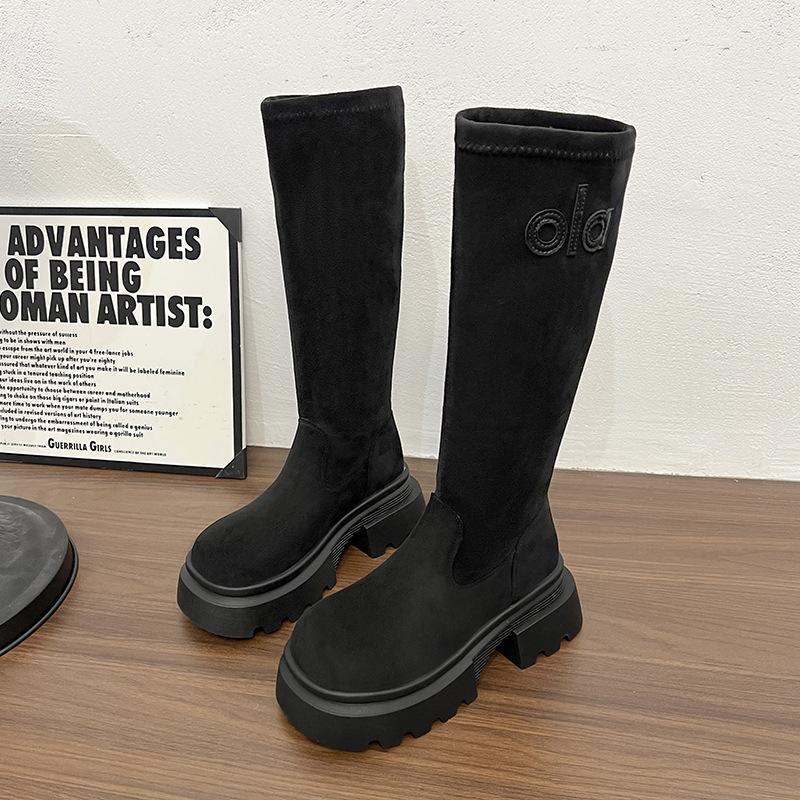 2025 Suede Sleeve Thick Bottom Thick Heel Elastic Legs Thin Brown Tall Martin Boots Women's Spring and Autumn Boots Retro Style