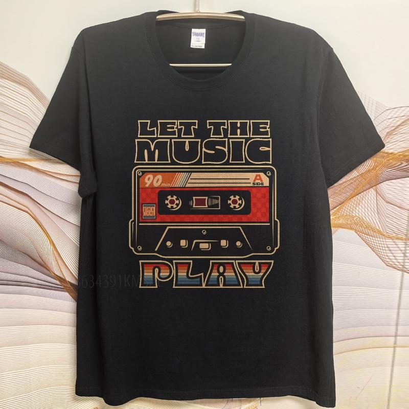 Black summer  t shirt Let The Music Play Cassette Tape Design Short Sleeve Workout ONeck Tee shirt cotton teeshirt