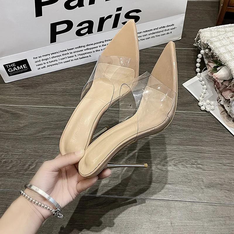 

Fashion New Summer Transparent PVC Pointy Stiletto Heels for Women Indoor Sapatilas Mujer Simple Party Single Shoes Zapatos De Mujer 34 бежевый