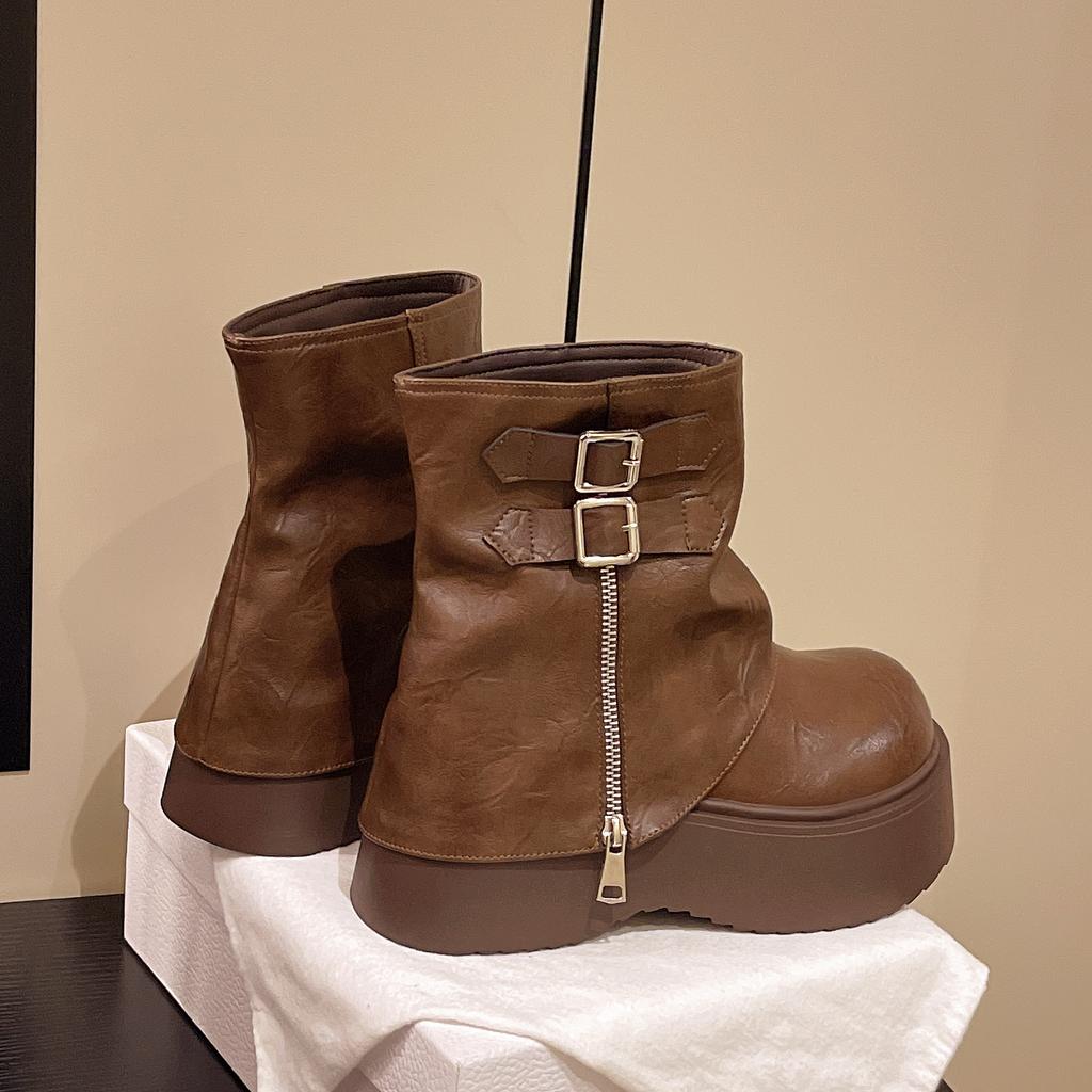 Soft Leather Ankle Mid Calf Boots Winter Autumn High Platform Wedge British Booties Woman New Ladies Chunky Motorcycle Boots 9CM