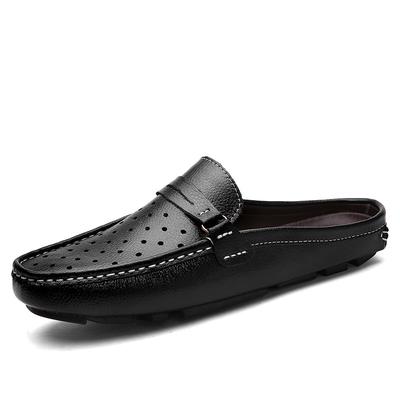 Authentic Leather Toe Box Half Slippers Men's Slip-on Breathable Outdoor Slippers Heel-Free Lazy Sandals