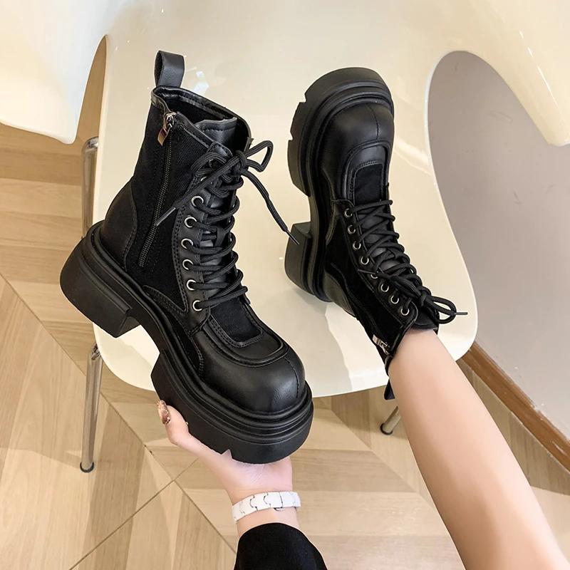 Fashion 2024 New Internet Famous Lace Up Fashion Boots for Women Round Toe Side Zipper Thick Soled Casual Knight Boots Plus Size 40