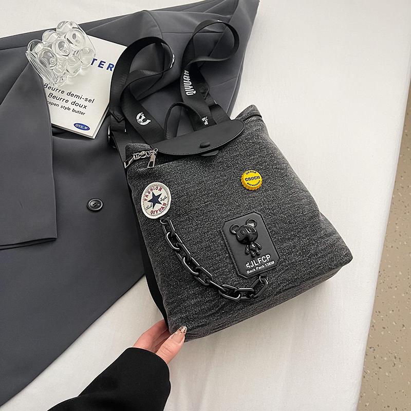 Denim Chain Small Backpack Women's Flip Bucket Bag Travel Backpack