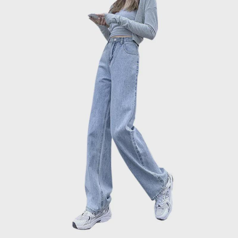 Women's Plush Wide-Leg Jeans: High-Waisted, Slimming, Loose Fit - Perfect for Autumn and Winter with a Warm Korean Style.