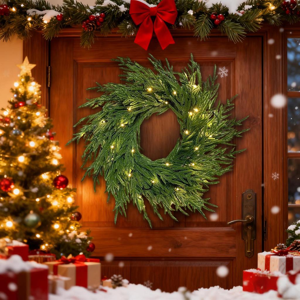 Pre-Lit Artificial Christmas Wreath,  Artificial Christmas Garland For Front Door With Red Bow, Cones, Red Berries,  LED Lights For Christmas Deco