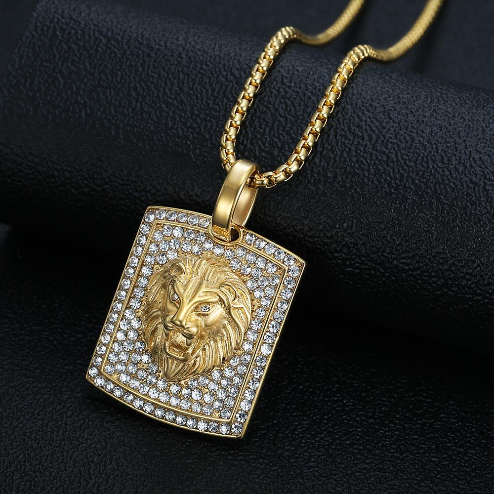 Hot New Hip Hop Jewelry Titanium Steel Gold Plated Diamond Inlaid Animal Lion Head Pendant Necklace