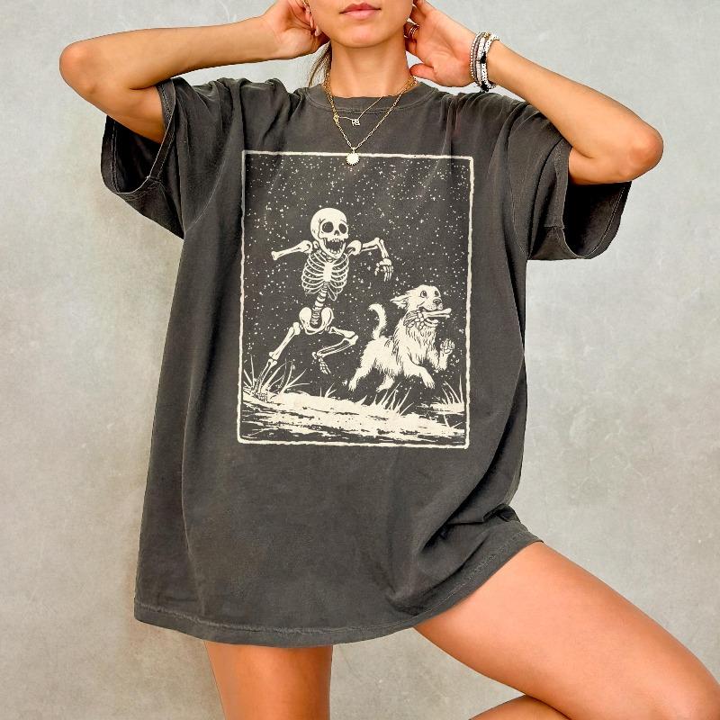 Halloween Dog Shirt Retro Halloween Tshirt Funny Skeleton Shirt Dog Lover Gift Spooky Season Shirt Trick Or Treat Shirt S