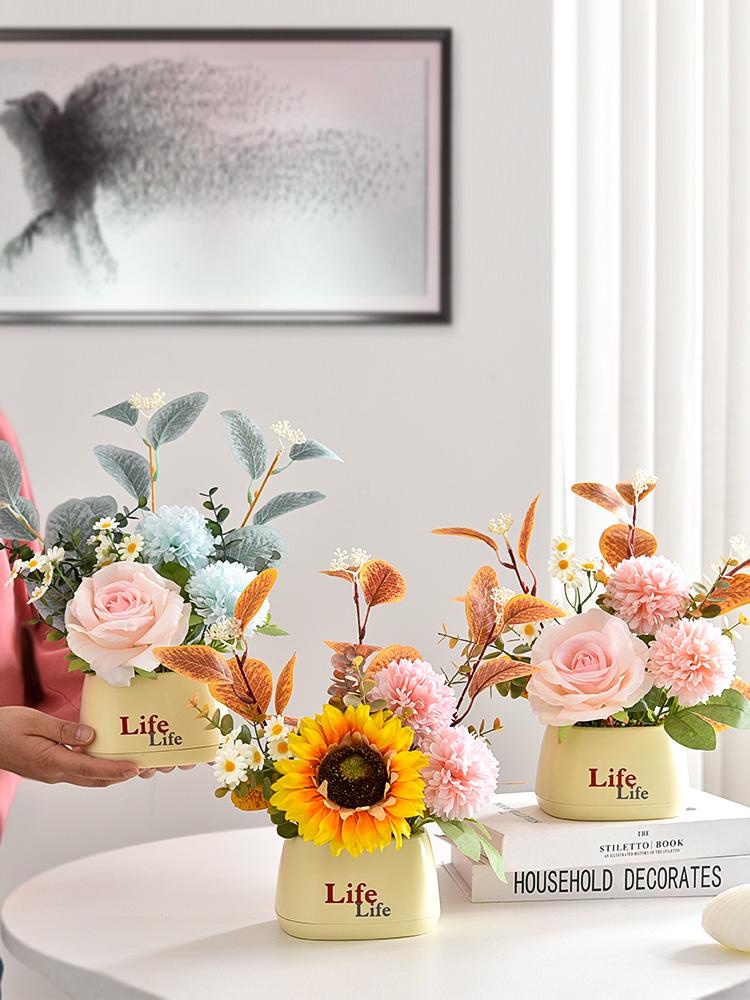 Sunflower Artificial Flower Arrangement - Small Potted Plants & Plastic Bouquets for Living Room and Dining Table Decor