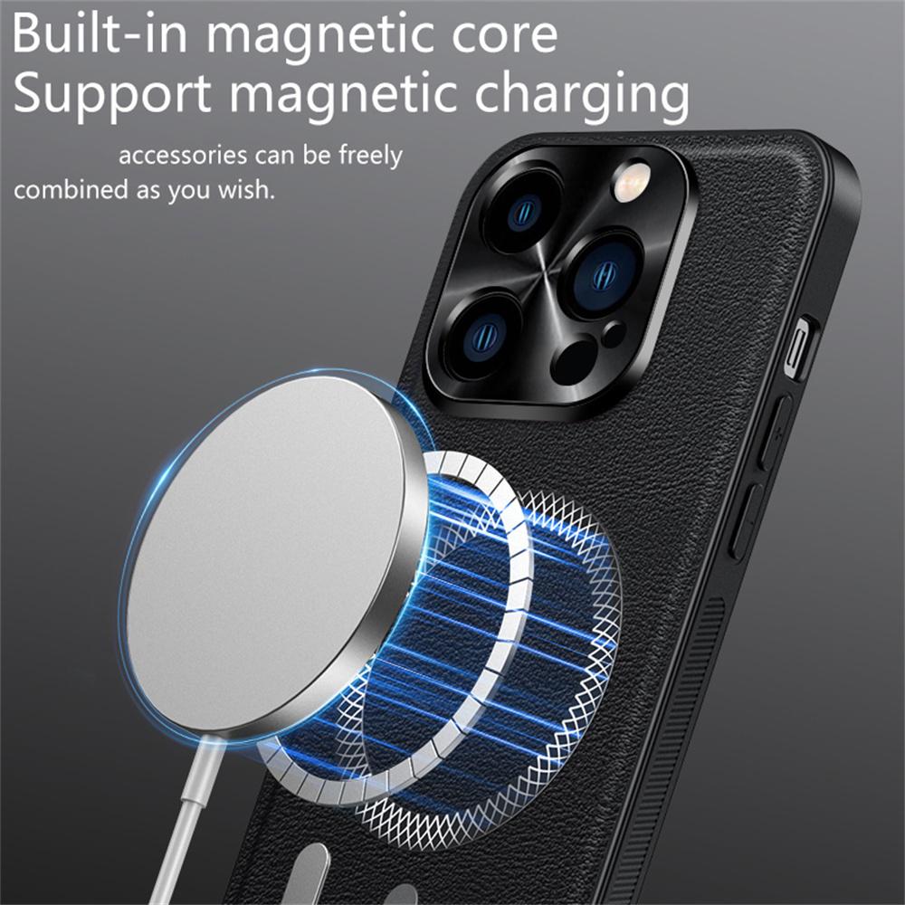 For iPhone 15 Pro Max Case Compatible with MagSafe PU TPU PC Phone Back Cover with Metal Lens Frame