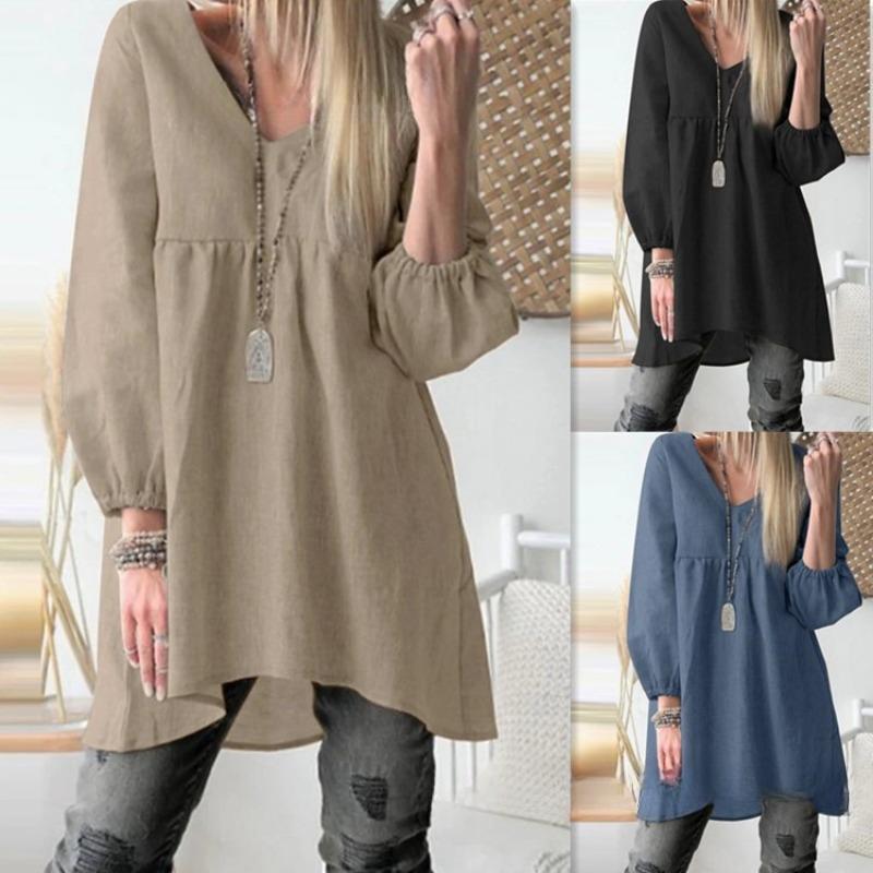 Autumn Solid Cotton and Linen Casual Shirt Women V-neck Pleated Lantern Sleeve Plus Size Blouse Women Tops Fashion Elegant Vintage Lady Shirts 24688