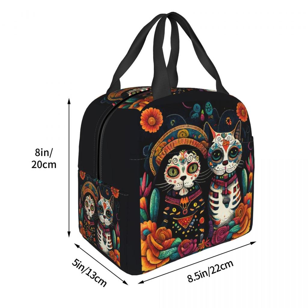Day Of The Dead Kitten Cat Sugar Skull Dia De Los Muertos Insulated Lunch Bag Women Children Food Boxes Thermal Lunch Box Tote
