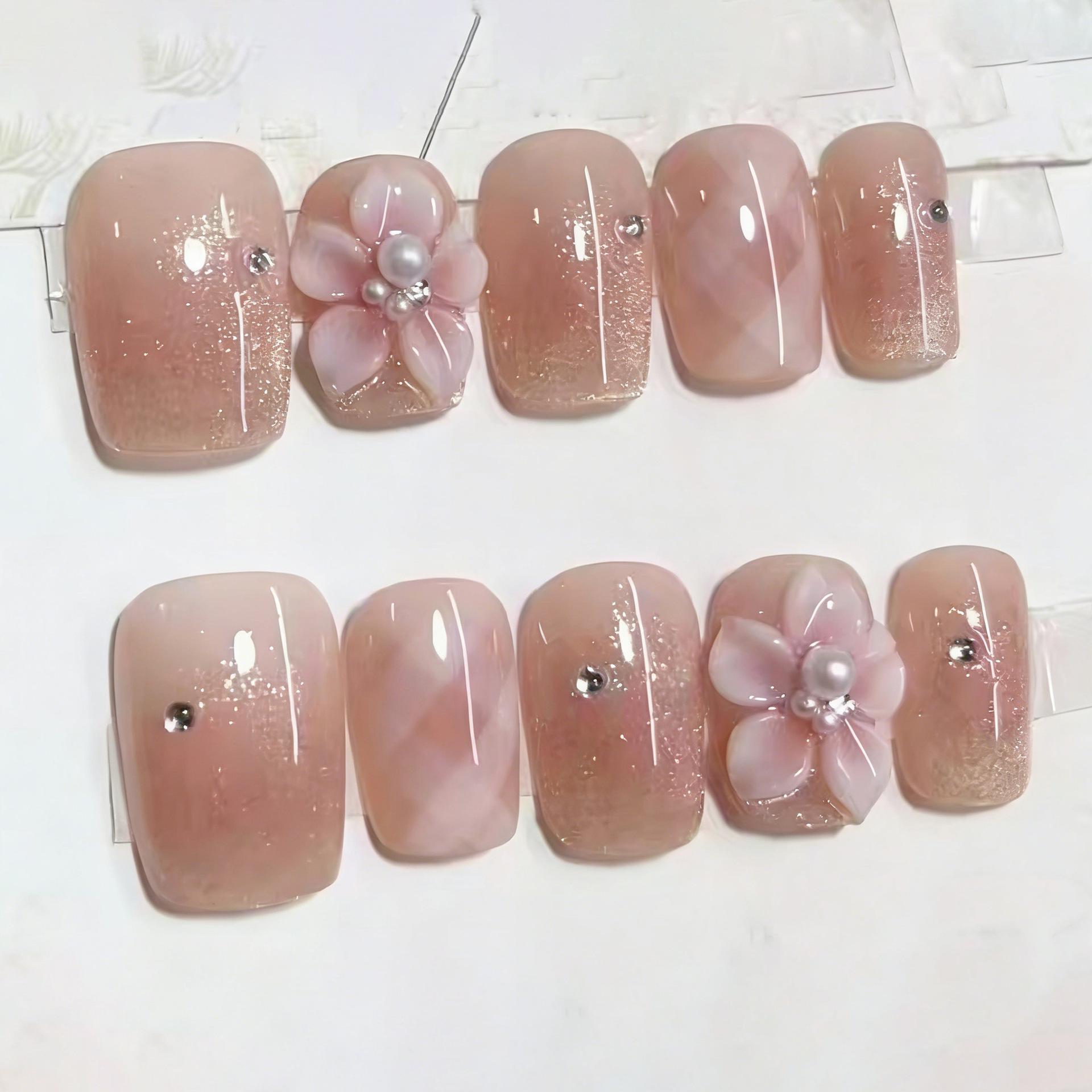 30pcs Luxurious Cat Eye Gold Foil 3D Flower Pearl Nail Tips Pre-made Strip (3 Pairs Fully Rhinestone)
