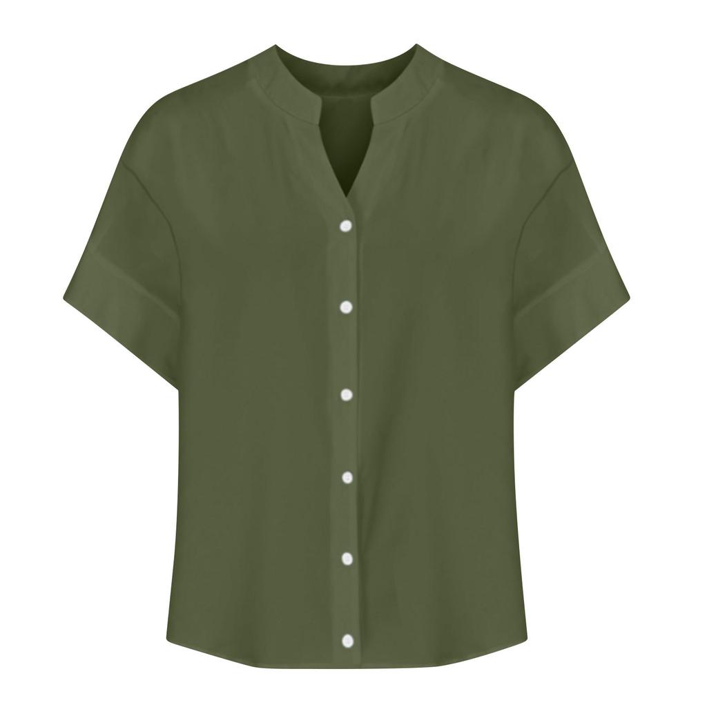 Vacation Style Fashion Simple and Loose Single Breasted Short Sleeved Top Cotton and Linen Women's Blouses & Shirts