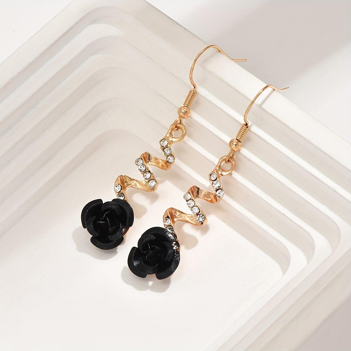 

[Элегантные серьги] 1 пара элегантных серег-роз | Женские универсальные аксессуары для повседневной носки и вечеринок с красным цветочным дизайном, сверкающие кристаллы чёрный