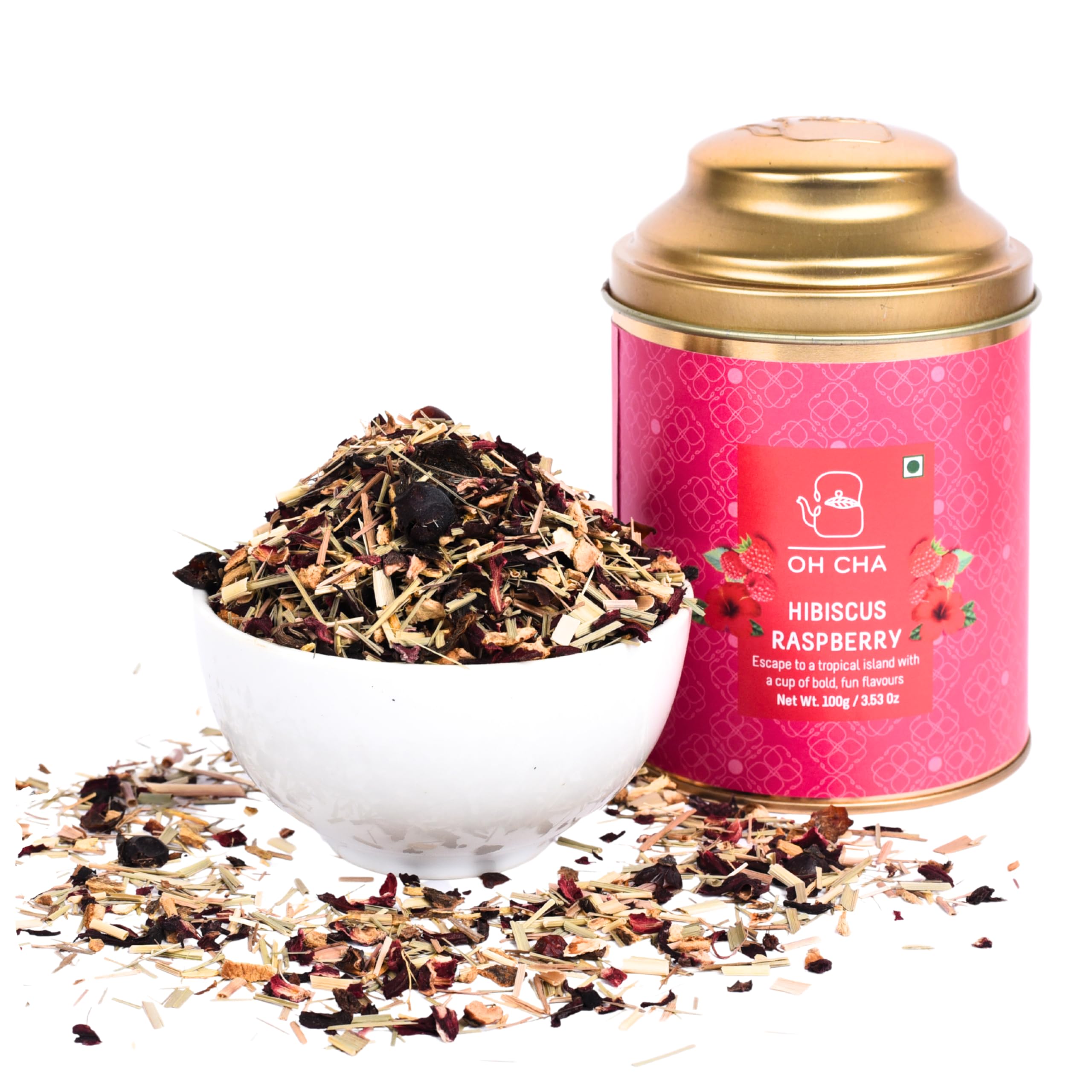 OH CHA - Hibiscus Tea with Raspberry & Lemongrass | Herbal Tea, 100gms | Blended with Mulethi, Orange Peel, Rose Hip | Caffeine Free Tea for