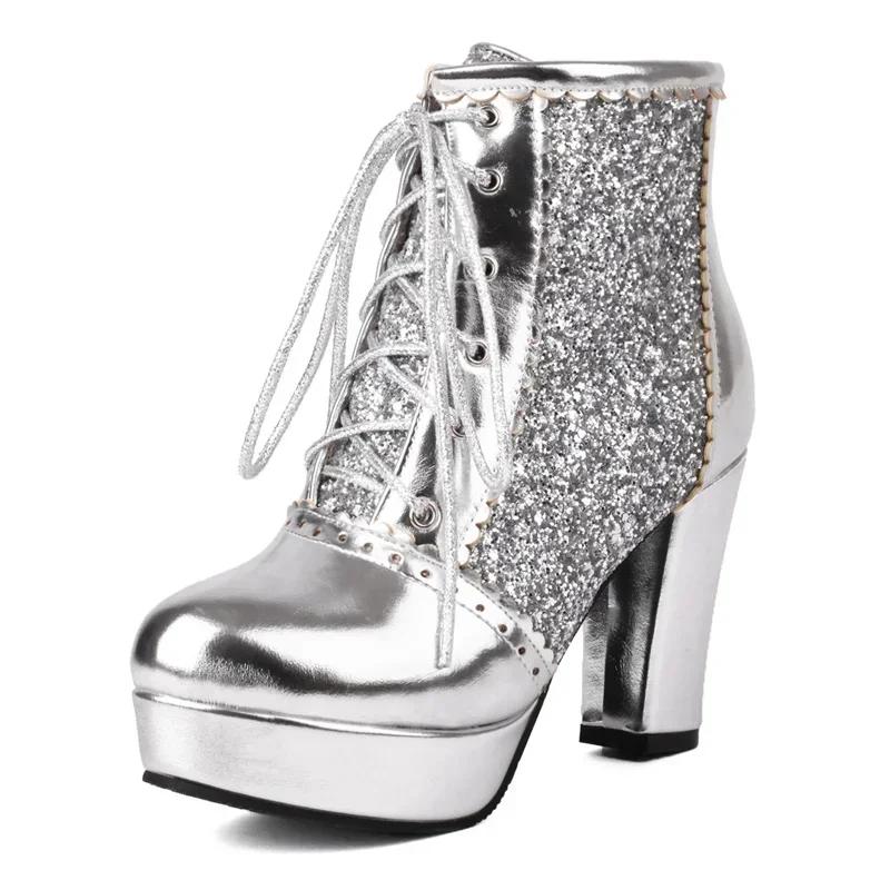 

Glitter Silver Gold Ankle Boots Women High Chunky Heel Red Sequined Cloth Party Ladies Winter Plush Lace-up Platform Short Boots 33 серебряный