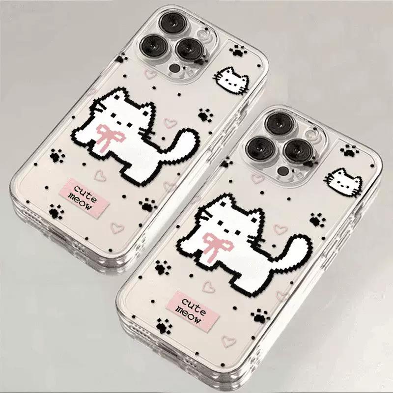 Cute Pixel Cat Clear Phone Case, Kawaii Kitty Heart Print Shockproof Protective Cover for iPhone