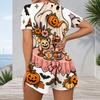 Women Plus Size V Neck Short Sleeve Button Front Raccoon Pumpkin Print Short Romper