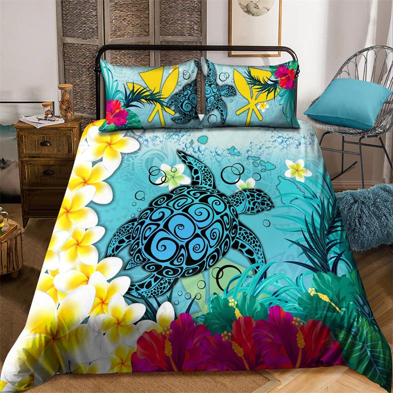 

Hibiscus Floral Duvet Cover Tribal Polynesian Turtle Bedding Set Hawaiian Polyester Comforter Cover King Size For Kid Adult Teen EU single(135x200cm)