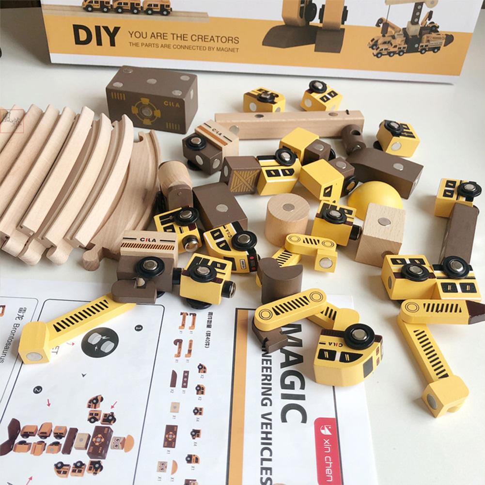 Kids Wooden Track Engineering Car Puzzle Creative DIY Magnetic Transforming Vehicle Robot Fine Motor Toys Gifts For Boys Girls