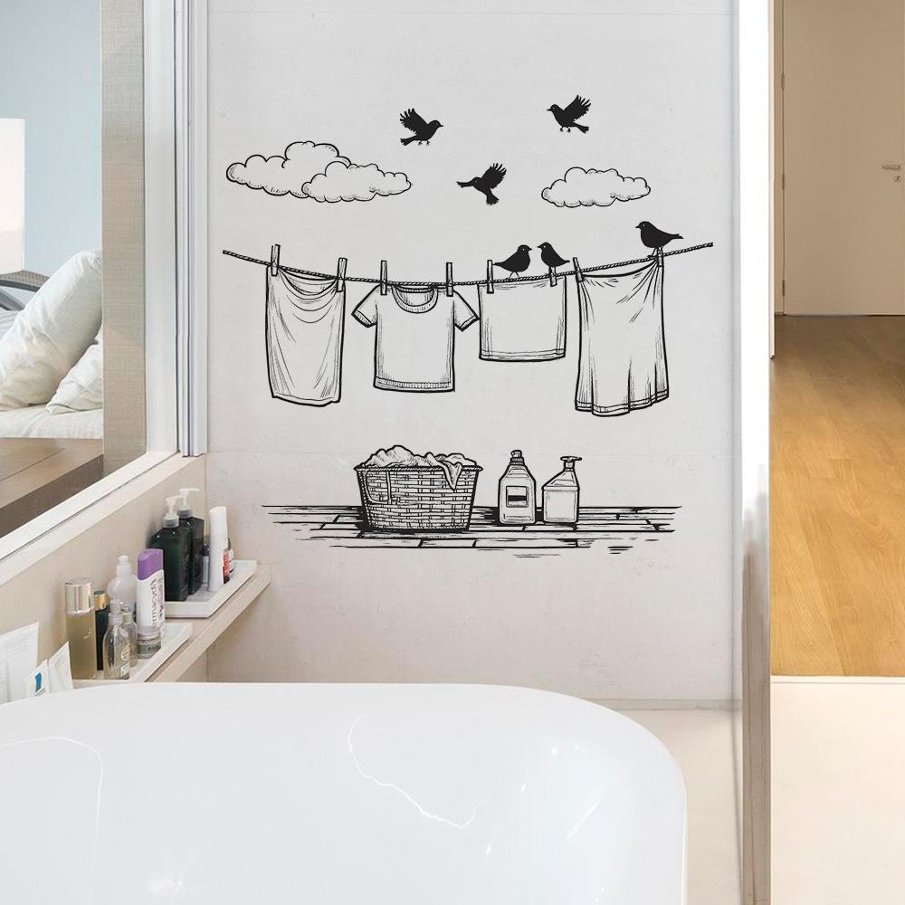 Cartoon Einfache Wäscheleine und Wolke Vogel Waschküche Heimdekoration Wandaufkleber