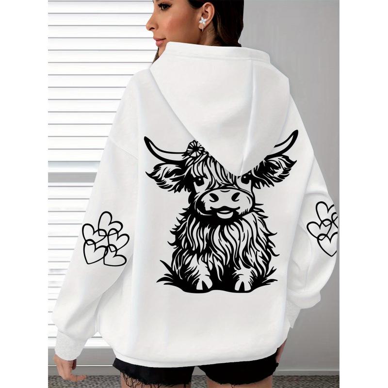 Damen Gemütlicher Hochlandrind & Pfotenabdruck Übergroßer Hoodie