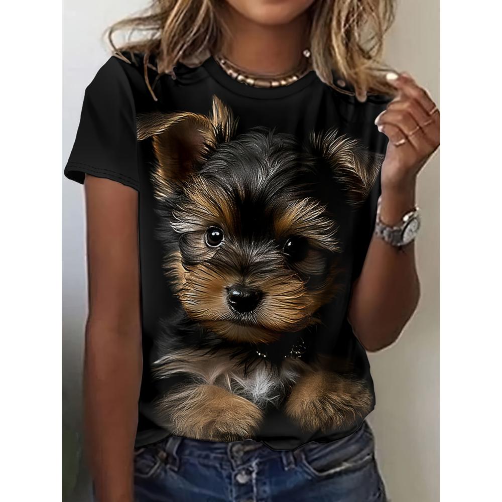 Lustige Damen-T-Shirts mit Cartoon-Hund, Zeichentrickfiguren, süßes T-Shirt mit 3D-Druck, lässiges Kurzarm-Oberteil mit Rundhalsausschnitt, weibliche Kleidung