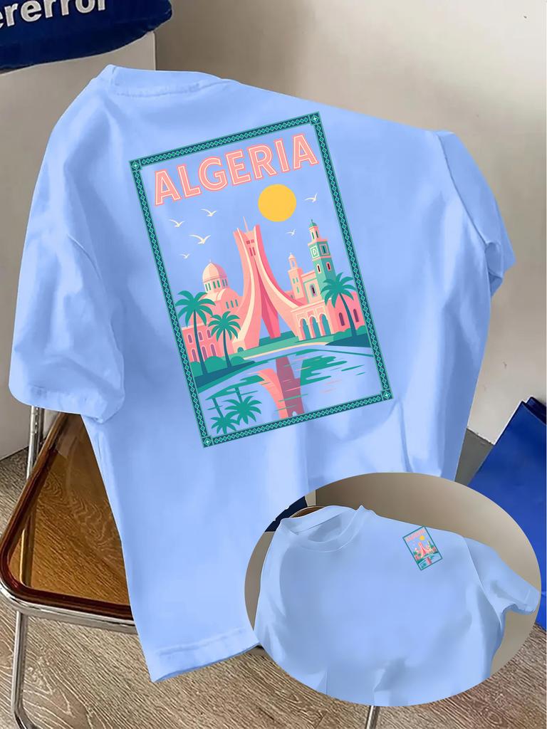Vibrant Algeria Cityscape Tee with Retro Style Buildings and Palm Tree Print 100 Cotton Unisexs Tshirt Summer Casual Wear