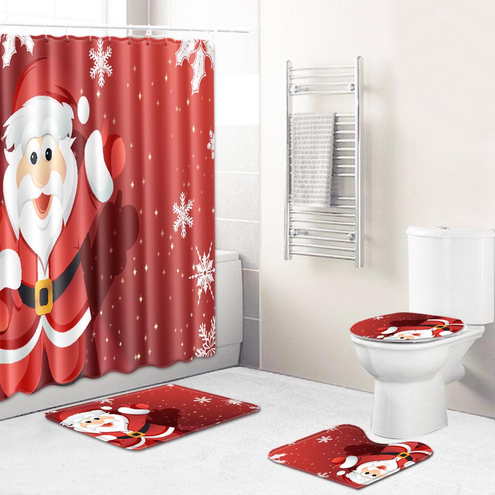 Christmas Toilet Seat Shower Curtain Four-Piece Printed Floor Mat Set Bathroom Floor Mat Bedroom Absorbent Door Mat Carpet