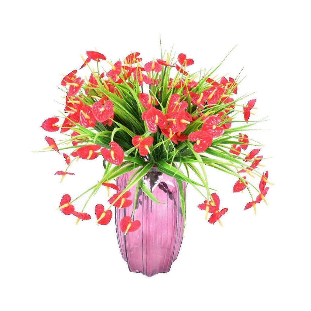 4 Bunches Artificial Fake Flowers Faux Anthurium Plants Plastic Shrubs Bushes Greenery Indoor Outsi 25-26s