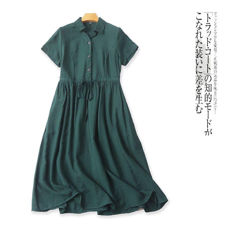 Cotton and Linen Shirt Dress Summer New Arrival Women's Flip + V-neck Buttons Pullover Short Sleeve Shoelace Waist Midi Dress 29071