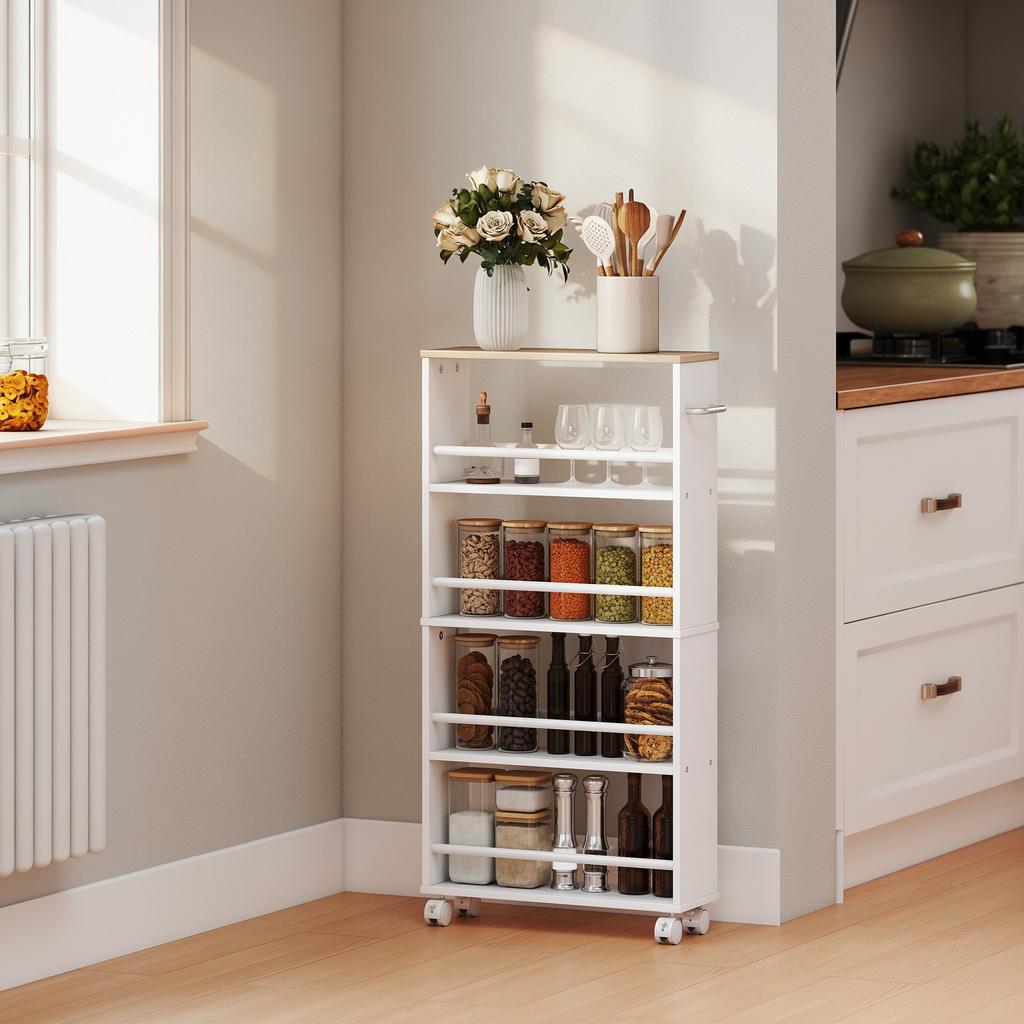 Multifunctional Natural Wood Shelf with Wheels, Slim Design, 4 Compartments, 45x15x91 Cm, White