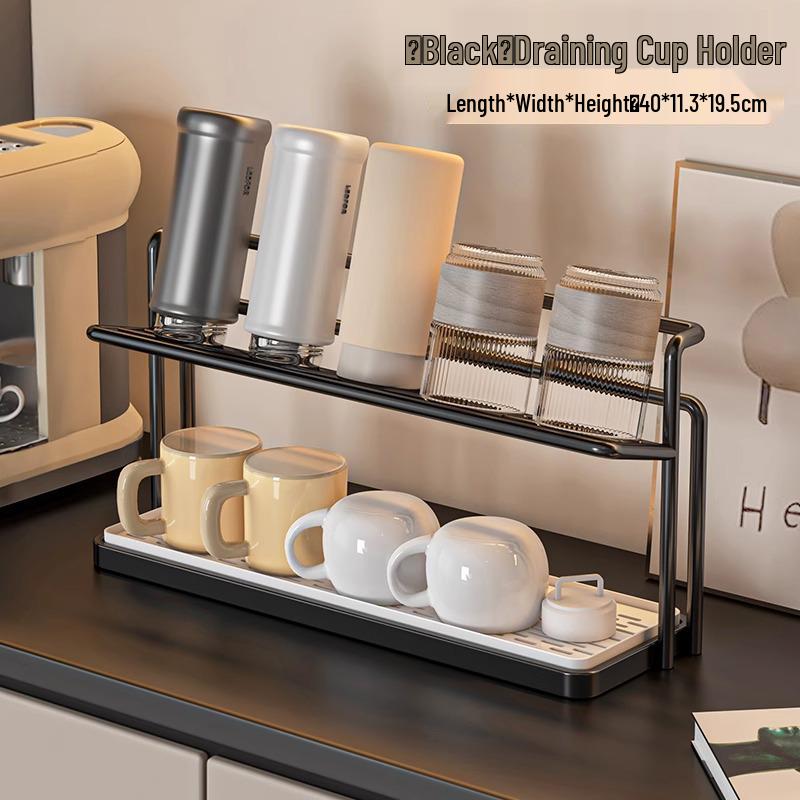 Double-layer Iron Art Cup Holder with Draining Tray for Teacups, Coffee Mugs, and Glasses - Multi-layer Countertop Storage Rack