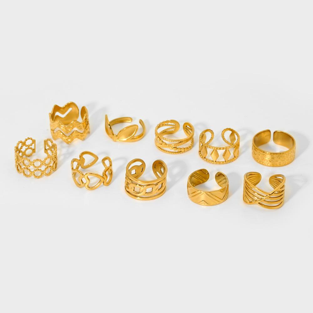 European and American diamond wave cross-line openwork openwork ring for women, 18k gold plated stainless steel wide-face ring