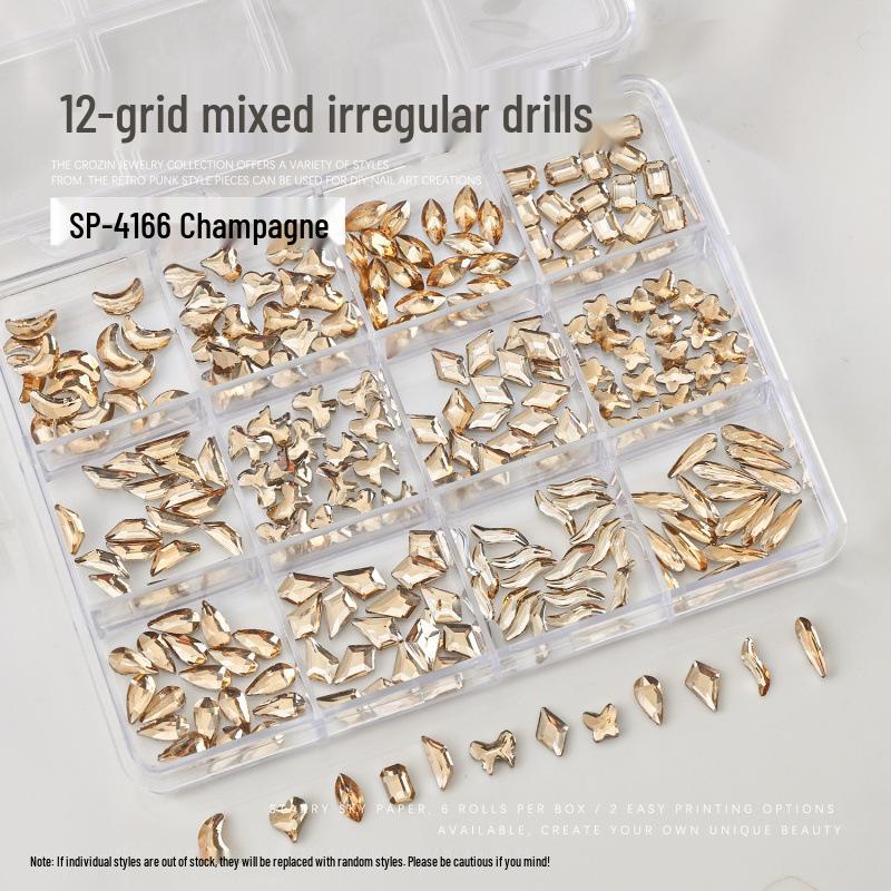 Nail Art Irregular Rhinestones: 12-Grids Mixed Color Flat Back Resin Gems